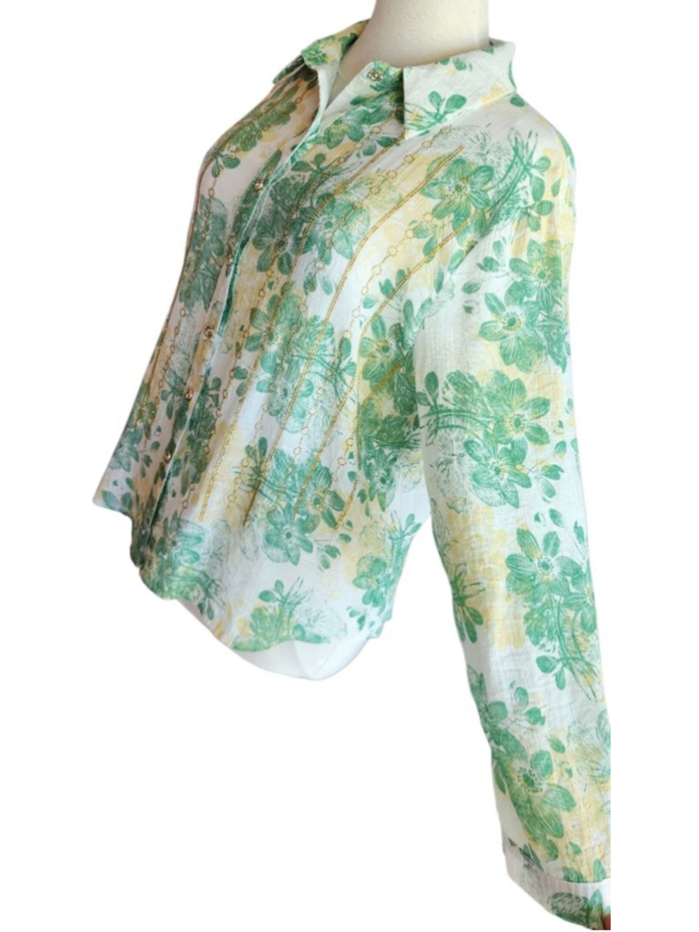Ana & Rose Green Floral Button Down Shirt Women's L Gold Embellished Blouse - Picture 6 of 13